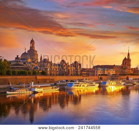 Dresden skyline reflecion in Elbe river at sunset in Saxony of Germany