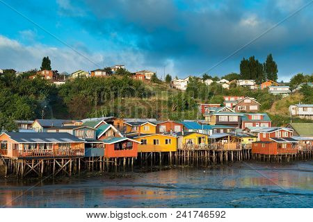 Traditional Stilt Houses Know As Palafitos In The City Of Castro At Chiloe Island In Southern Chile
