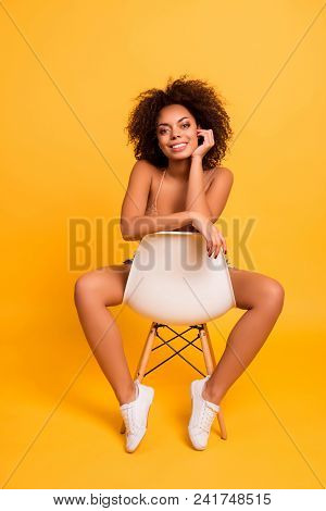 Vertical Full-lentgh Full-size Photo Of Calm Peaceful Cheerful With Beaming Toothy Smile With Curly 