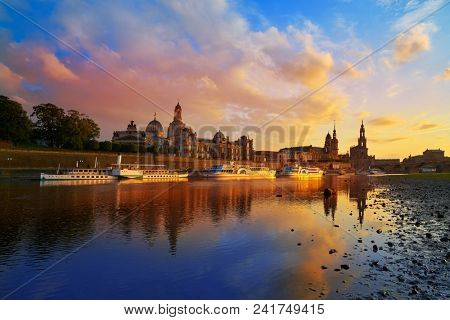 Dresden skyline reflecion in Elbe river at sunset in Saxony of Germany