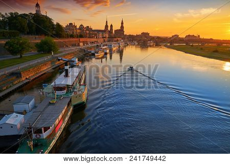 Dresden skyline reflecion in Elbe river at sunset in Saxony of Germany
