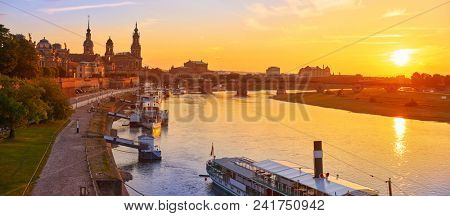 Dresden skyline reflecion in Elbe river at sunset in Saxony of Germany