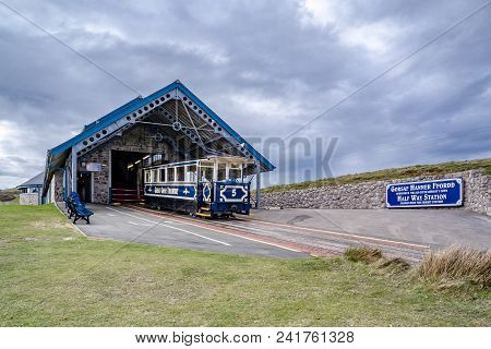 Llandudno, Conwy , Wales, Uk - April 22 2018 : The Great Orme Tramway Is Climbing The Mountain.