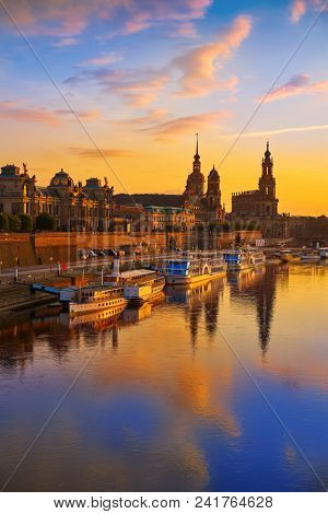 Dresden skyline reflecion in Elbe river at sunset in Saxony of Germany