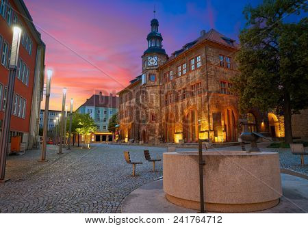 Stadt Nordhausen Rathaus sunset city hall with Roland figure in Thuringia Germany