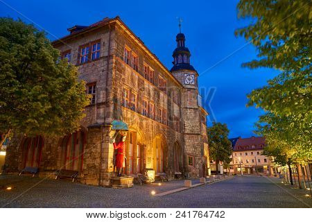 Stadt Nordhausen Rathaus sunset city hall with Roland figure in Thuringia Germany