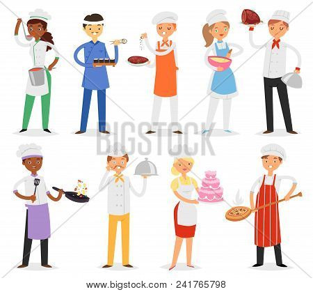 Chef Vector Cook Character Woman Or Man Cooking Food Dish On Kitchen Of Restaurant Illustration Set 