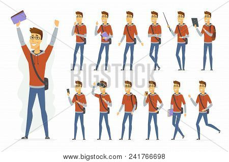 Modern Student - Vector Cartoon People Character Set Isolated On White Background. Cheerful Boy In C