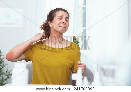Neck Rash. Young Woman Looking Miserable And Sore Suffering From Neck Pain And Allergic Rash While T