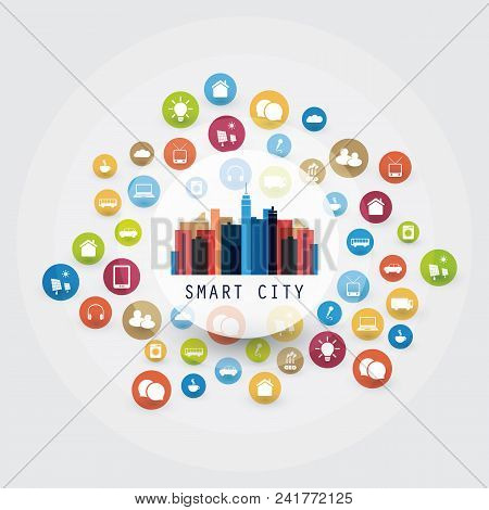 Colorful Smart City, Cloud Computing Design Concept With Icons - Digital Network Connections, Techno