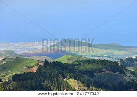 View From Ridge Of The Caldera De Los Pinos On The Rural Landscape And Ocean. Gran Canaria, Spain