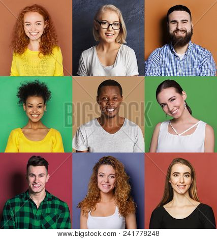 Collage Of Different Happy People. Set Of Male And Female Positive Portraits. Young People Smiling A