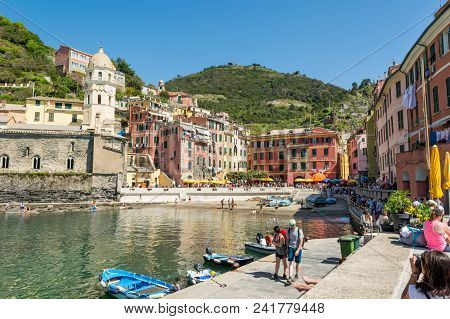 Corniglia, Italy - April 27: Beach View Of Corniglia Village, On April 27 2018 In Corniglia, Italy