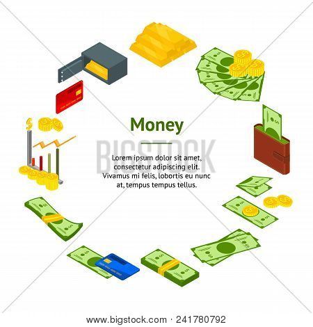 Money Banner Card Circle Isometric View Include Of Coin, Dollar Stack, Graph, Plastic Credit Card, W