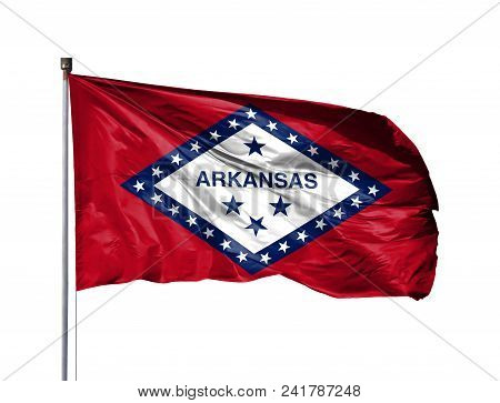 Flag Of State Of Arkansas On A Flagpole, Isolated On White Background.