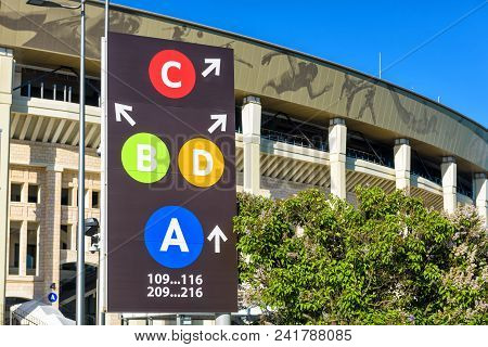Moscow, Russia - May 21, 2018: Colorful Information Board At Luzhniki Stadium In Summer. Luzhniki St