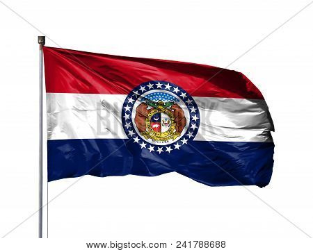 Flag Of State Of Missouri On A Flagpole, Isolated On White Background.