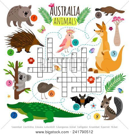 Australian Animals Crossword. Kids Words Brainteaser, Word Search Puzzle Game Vector Illustration