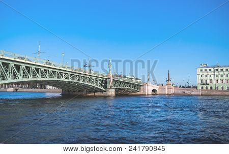 Troitsky Drawbridge Bridge Across The Neva River In St. Petersburg.