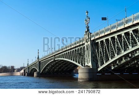 Troitsky Drawbridge Bridge Across The Neva River In St. Petersburg.