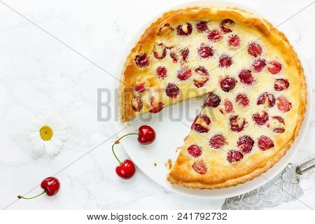 Cherry Pie With Cream Filling, French Dessert Clafoutis With Red Sweet Cherries