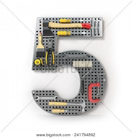 Number 5 five. Alphabet from the tools on the metal pegboard isolated on white.  3d illustration