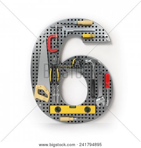 Number 6 six. Alphabet from the tools on the metal pegboard isolated on white.  3d illustration