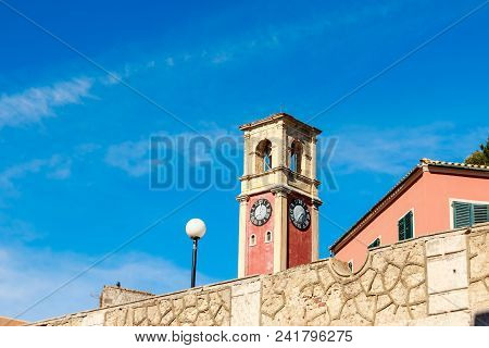 Clock Tower On The Top Of The Old Fortress Of Corfu. Greece.