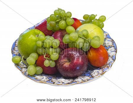 Dish Decorated With Blue-aureate Patterns With Fruits, Isolated On White Background