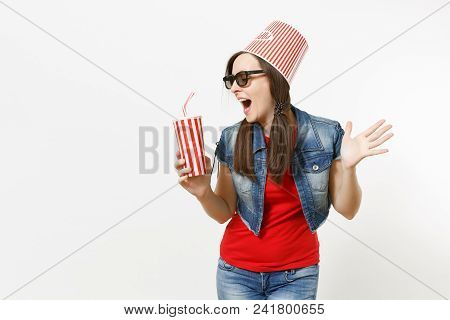 Young Funny Woman In 3d Glasses With Bucket For Popcorn On Head Watching Movie Film, Holding Plastic