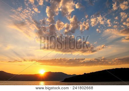 Sunrise Over Peljesac Peninsula And Peljeski Strait Seen From Korcula, Croatia.