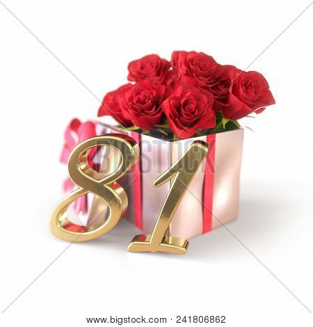 Birthday Concept With Red Roses In Gift Isolated On White Background. 3d Render - Eighty-first Birth