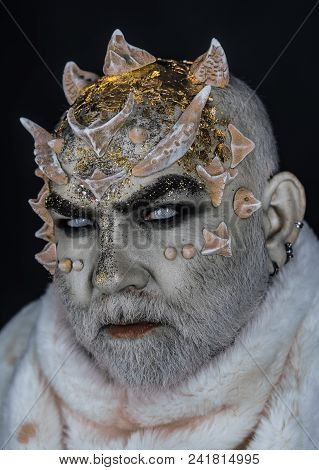Alien, Demon, Sorcerer Makeup. Demon On Black Background, Close Up. Dark Arts Concept. Senior Man Wi