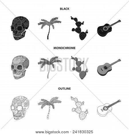 Green Skull With A Picture, A Palm Tree, A Guitar, A National Mexican Instrument, A Cactus With Spin
