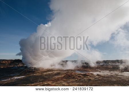 Beautiful Icelandic Landscape With Steam From Geothermal Hot Springs, Reykjanes, Gunnuhver Hot Sprin