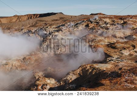 Beautiful Icelandic Landscape With Steam From Hot Springs At Sunny Day, Gunnuhver Hot Springs, Reykj