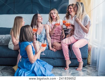 Girls Party. Beautiful Women Friends Having Fun At Bachelorette Party. They Are Celebrating And Drin