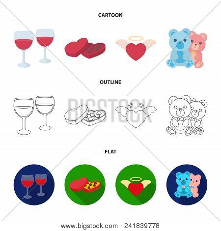 Glasses With Wine, Chocolate Hearts, Bears, Valentine.romantik Set Collection Icons In Cartoon, Outl