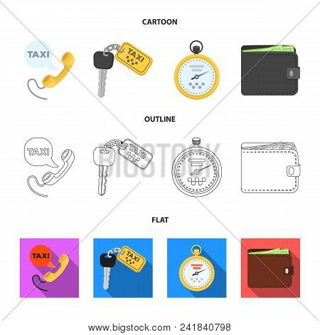 Handset With The Inscription Of A Taxi, Car Keys With A Key Fob, A Stopwatch With A Fare, A Purse Wi