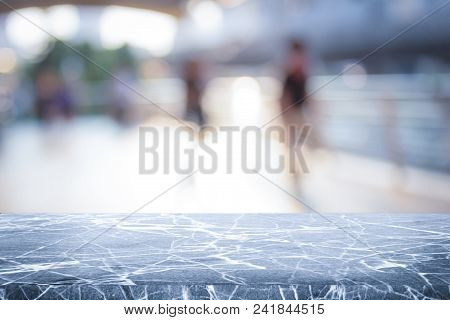 Gray Marble Stone Counter Top Or Table On Backdrop White Blurred Of People Walking In City Town / Fo