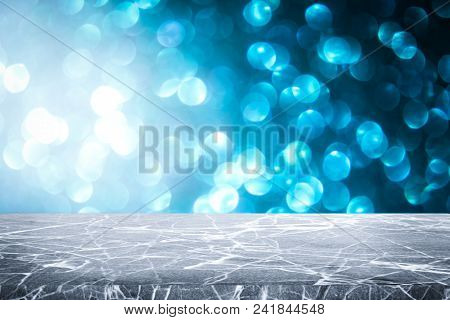 Gray Marble Stone Counter Top Or Table On Backdrop Light Blue. For Display Or Montage Your Products.