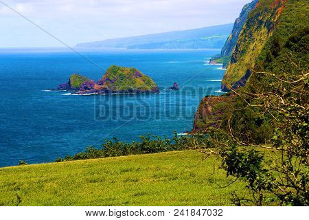 Lush Grasslands And Tropical Plants Surrounded By Rugged Mountains Meeting The Sea Taken At Pololu V