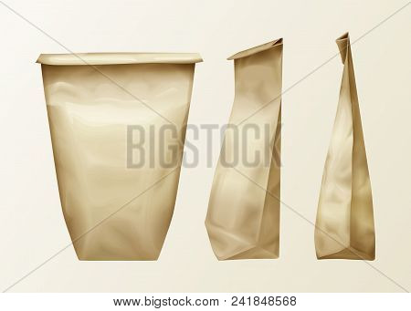 Vector Realistic Wrinkled Paper Bag Various View Set. Lunch Pack Or Food Snack, Kitchen Ingredients,