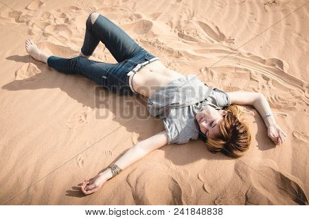 Girl Have Fun In Desert In A Summer Day