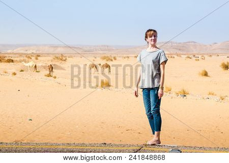 Girl Have Fun In Desert In A Summer Day
