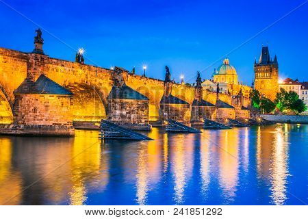 Prague, Czech Republic. Charles Bridge, Stare Mesto At Twilight , Bohemia Landmark In Praha.