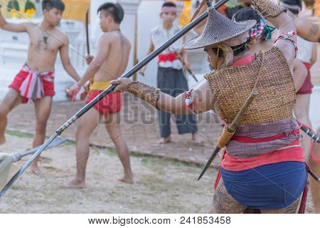 Thai Ancient Warrior Swordsmanship Fighting Action With Sword And Spear Weapon In Northern Lanna Cul