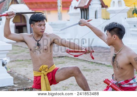 Thai Ancient Warrior Swordsmanship Fighting Action With Sword And Spear Weapon In Northern Lanna Cul
