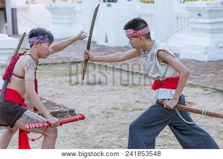 Thai Ancient Warrior Swordsmanship Fighting Action With Sword And Spear Weapon In Northern Lanna Cul