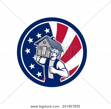Icon Retro Style Illustration Of An American House Removal Or Mover Carrying A House With United Sta